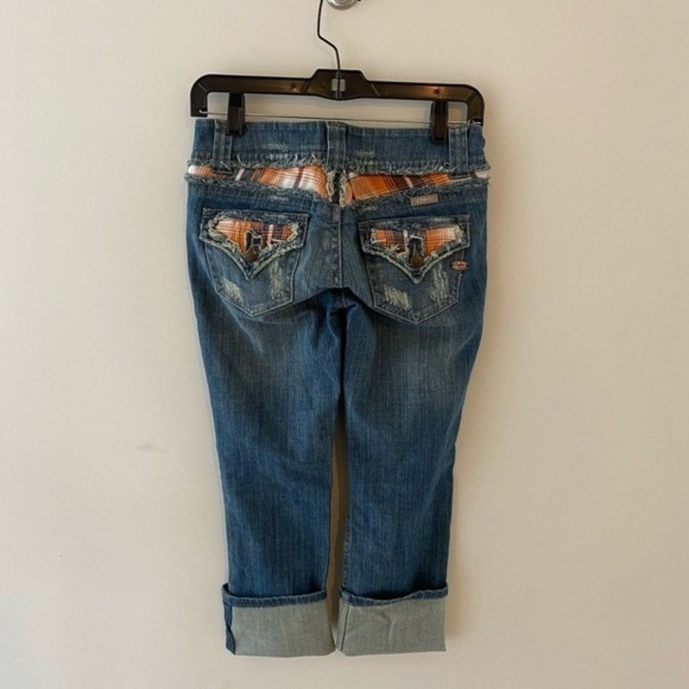 Candie's Y2K Patched Denim Crop Jeans Size 0 Orange Plaid Detail‎ Cuffed